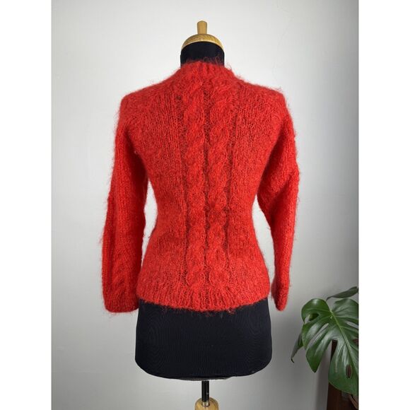 Vintage Hand Knit Red Mohair Cardigan Sweater | Fuzzy Cable Knit Button Front - Picture 4 of 12